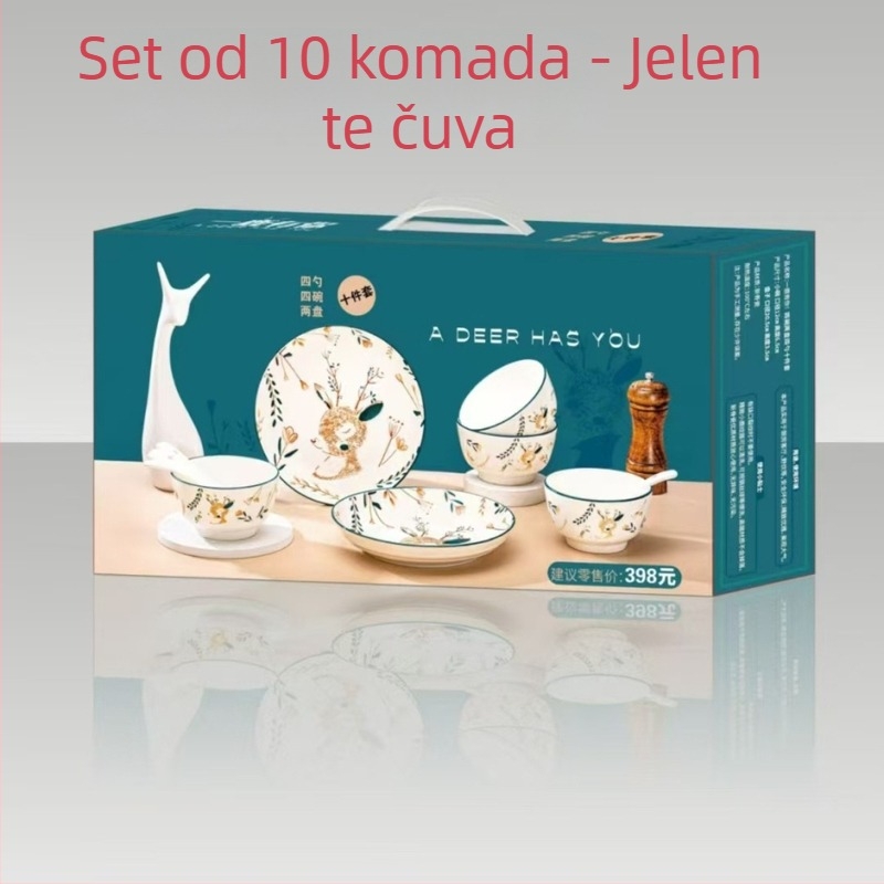 Keramički set posuđa, 6-dijelni, uz 10 zdjela za rižu i tanjura za juhu, cartoon uzorak, moderni minimalistički stil, poklon kutija