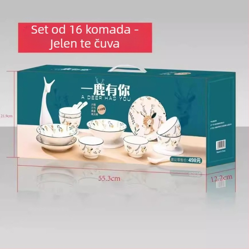 Keramički set posuđa, 6-dijelni, uz 10 zdjela za rižu i tanjura za juhu, cartoon uzorak, moderni minimalistički stil, poklon kutija