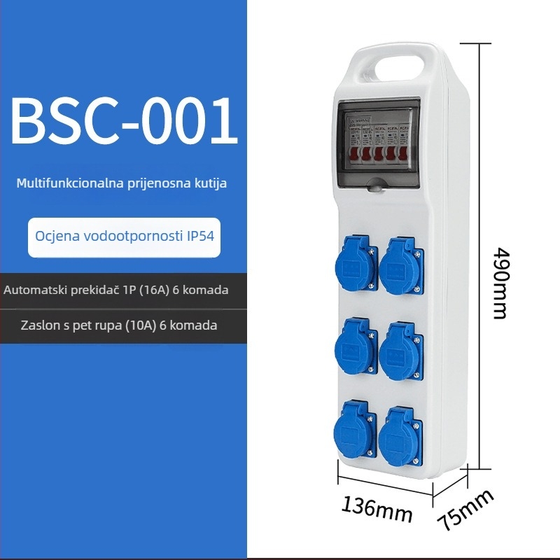 Kutija za rasplativanje utičnica na gradilištu, tri razine, IP65 vodootporna, prijenosna vanjska, 6 utičnica, 32A