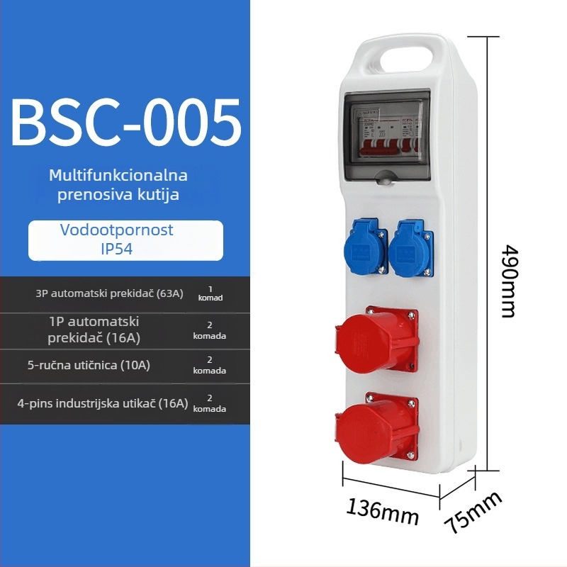 Kutija za rasplativanje utičnica na gradilištu, tri razine, IP65 vodootporna, prijenosna vanjska, 6 utičnica, 32A