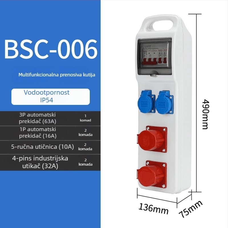 Kutija za rasplativanje utičnica na gradilištu, tri razine, IP65 vodootporna, prijenosna vanjska, 6 utičnica, 32A