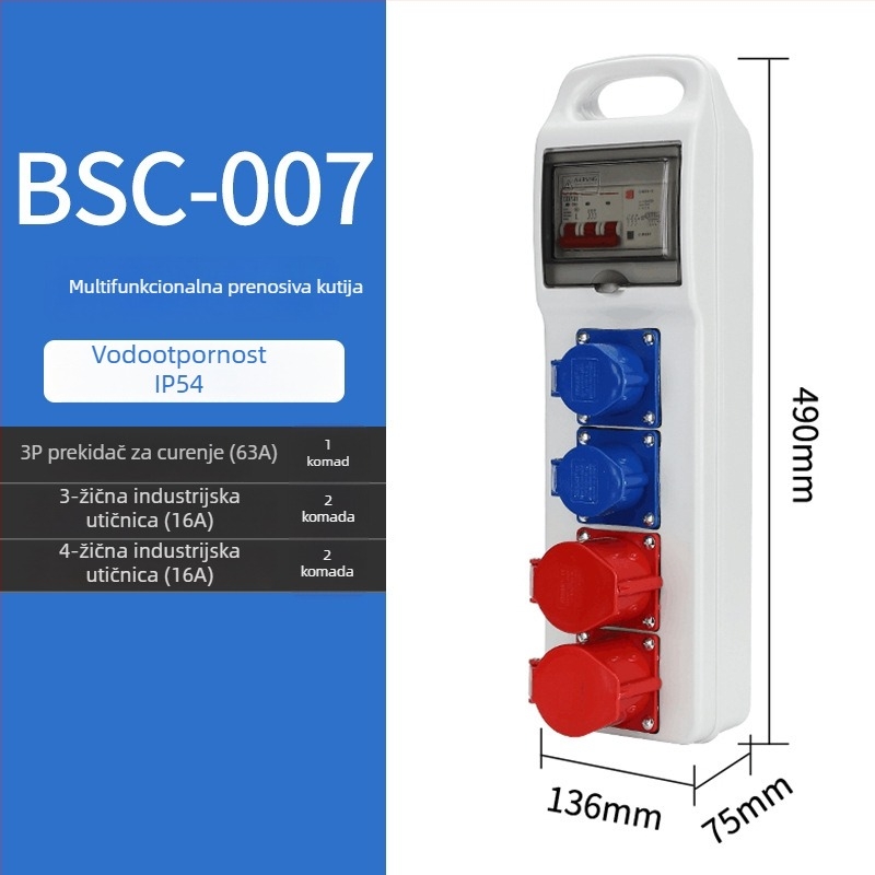 Kutija za rasplativanje utičnica na gradilištu, tri razine, IP65 vodootporna, prijenosna vanjska, 6 utičnica, 32A