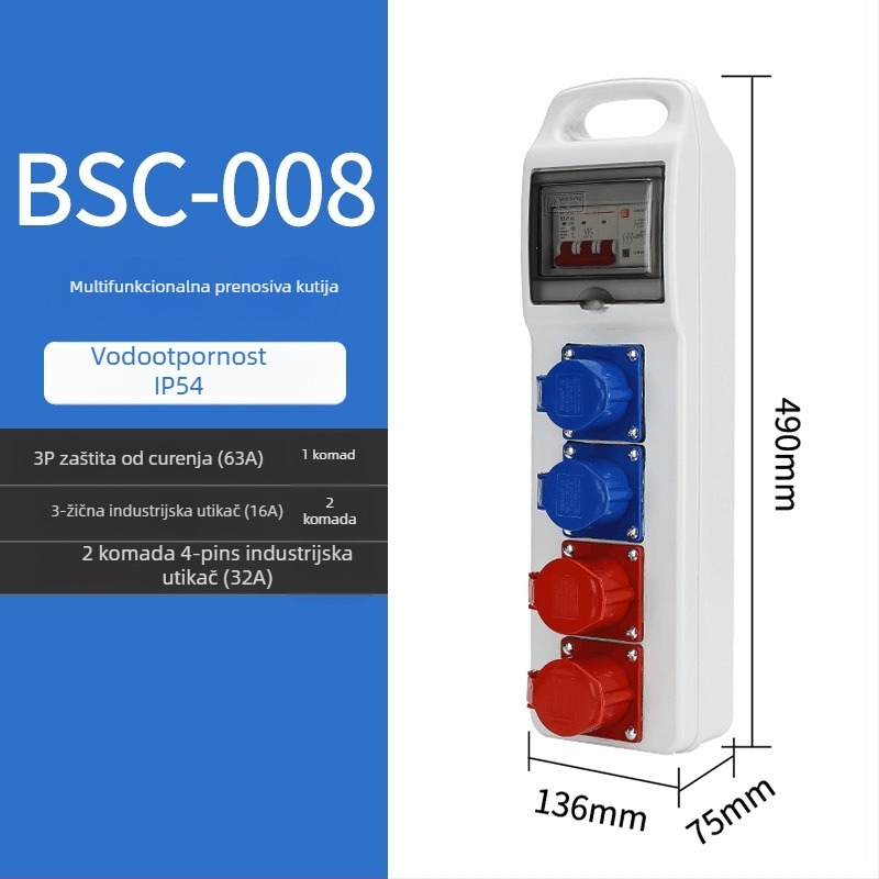 Kutija za rasplativanje utičnica na gradilištu, tri razine, IP65 vodootporna, prijenosna vanjska, 6 utičnica, 32A