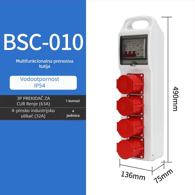 Kutija za rasplativanje utičnica na gradilištu, tri razine, IP65 vodootporna, prijenosna vanjska, 6 utičnica, 32A