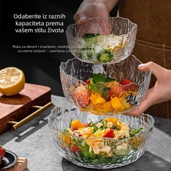 Stakleni set posuđa za stol: zdjela za salatu, zdjela za juhu, desertna čaša i pladanj za voće; toplinski otporno staklo; ručna izrada; prilagodljiv; japanski stil; za dom i studentski dom.