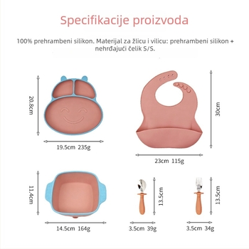 5-dijelni silikon dječji set za prehranu s posudom za prianjanje i kutijom za mlijeko u prahu s 3 odjeljka