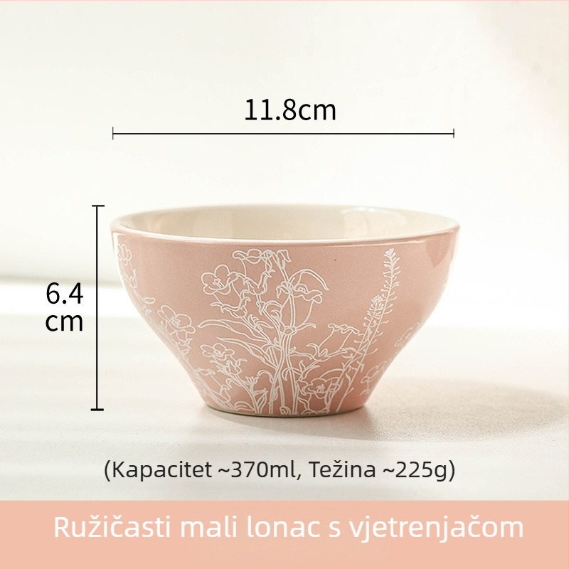 Keramička zdjela za rižu s cvjetnim uzorkom, okruglog oblika, svjež i sladak stil, pogodna za mikrovalnu pećnicu
