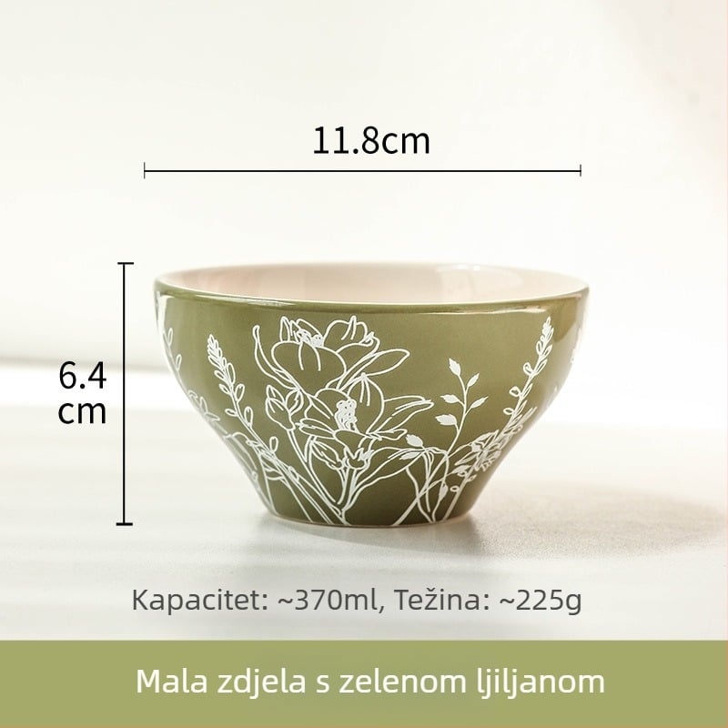 Keramička zdjela za rižu s cvjetnim uzorkom, okruglog oblika, svjež i sladak stil, pogodna za mikrovalnu pećnicu
