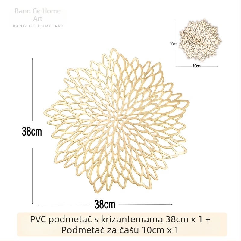 PVC set podmetača za tanjur i čaše s cvjetnim uzorkom, šuplji dizajn i zlatni otisak, kružni podmetač za stol
