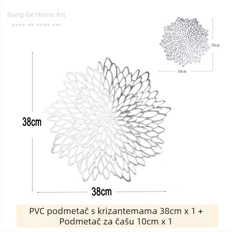 PVC set podmetača za tanjur i čaše s cvjetnim uzorkom, šuplji dizajn i zlatni otisak, kružni podmetač za stol