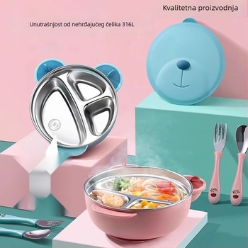 Dječji podijeljeni tanjur s usisnom podlogom, od nehrđajućeg čelika 316, napunjen vodom i izoliran, set posuđa za djecu s kutijom za mlijeko s dva odjeljka, za uzrast 1-6 godina