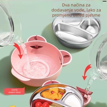 Dječji podijeljeni tanjur s usisnom podlogom, od nehrđajućeg čelika 316, napunjen vodom i izoliran, set posuđa za djecu s kutijom za mlijeko s dva odjeljka, za uzrast 1-6 godina