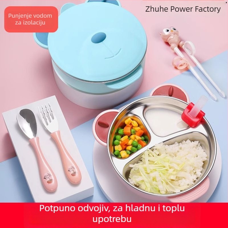 Dječji podijeljeni tanjur s usisnom podlogom, od nehrđajućeg čelika 316, napunjen vodom i izoliran, set posuđa za djecu s kutijom za mlijeko s dva odjeljka, za uzrast 1-6 godina