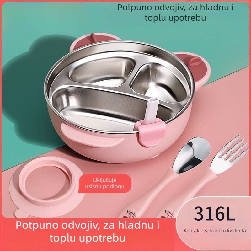 Dječji podijeljeni tanjur s usisnom podlogom, od nehrđajućeg čelika 316, napunjen vodom i izoliran, set posuđa za djecu s kutijom za mlijeko s dva odjeljka, za uzrast 1-6 godina