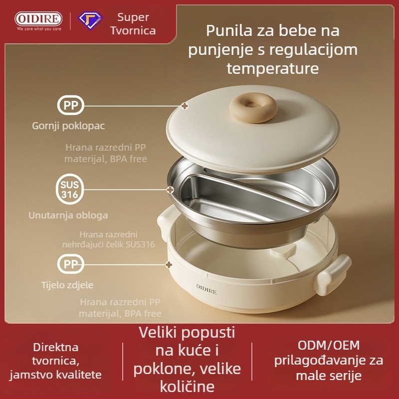 OIDIRE bežični zdjelica za hranu za bebe i djecu s konstantnom temperaturom, nehrđajući čelik, izolirana grijalna posuda, punjiva