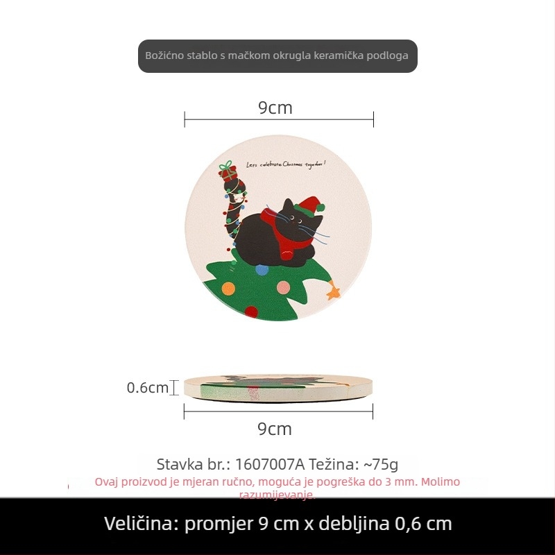 Kružna keramička podloga za čašu s korom na stražnjoj strani, božićna mačka u crtani stilu, prilagođena fotografija uz besplatne renderinge