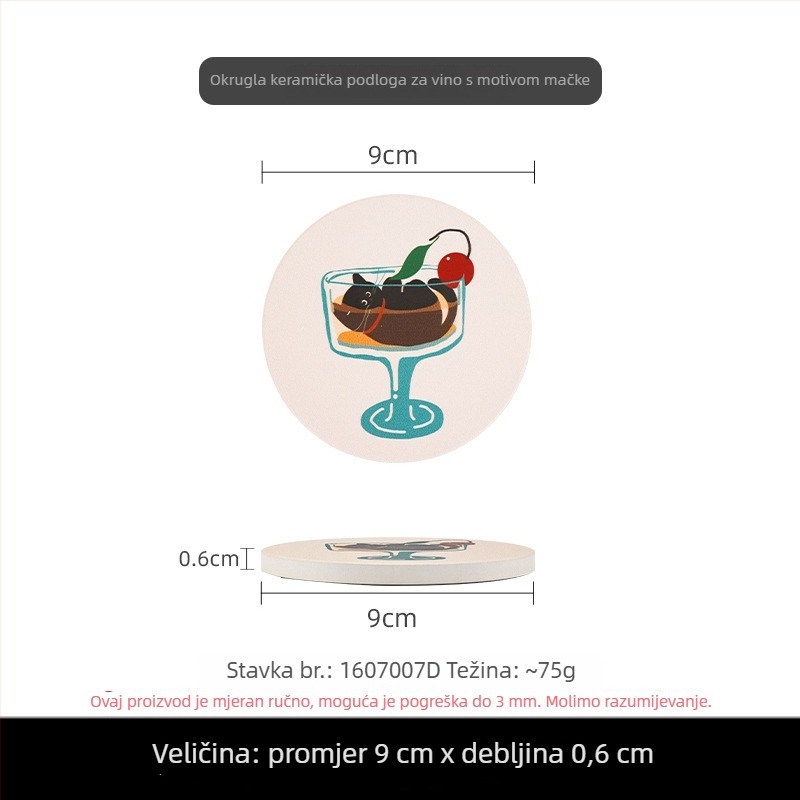 Kružna keramička podloga za čašu s korom na stražnjoj strani, božićna mačka u crtani stilu, prilagođena fotografija uz besplatne renderinge