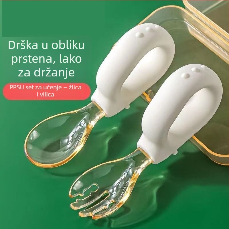 Dječji set za učenje hranjenja: žlica i vilica s prstenastom drškom, silikon, za uzrast 6 mjeseci i više, 1 set