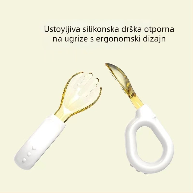 Dječji set za učenje hranjenja: žlica i vilica s prstenastom drškom, silikon, za uzrast 6 mjeseci i više, 1 set