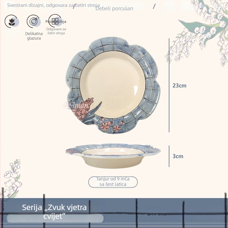 Porcelanski set posuđa za stol s drvo-pečenim dizajnom zvončića vjetra i ručno oslikanim podglazurnim uzorkom; uključuje zdjelu za rižu, zdjelu za rezance, tanjur i tanjur za ribu
