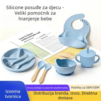 Set za hranjenje od silikona za bebe: nasmiješeni tanjur, silikonska zdjela, Love čaša, poklopac za čašu, silikonska žlica i vilica, drvene ručke; prikladno za djecu od 6 mjeseci