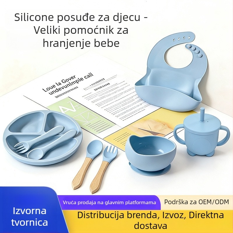 Set za hranjenje od silikona za bebe: nasmiješeni tanjur, silikonska zdjela, Love čaša, poklopac za čašu, silikonska žlica i vilica, drvene ručke; prikladno za djecu od 6 mjeseci