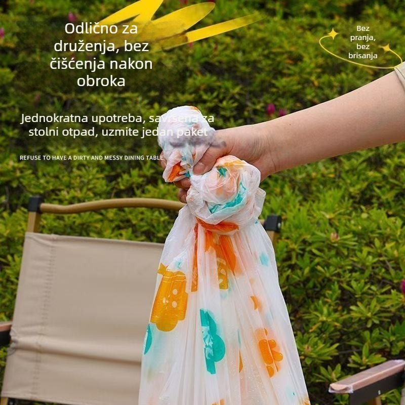 Jednokratni tiskani stolnjak s mogućnošću prilagodbe, plastični (PE/polietilen), debljina 2 silk, pravokutni oblik, pogodan za piknik.