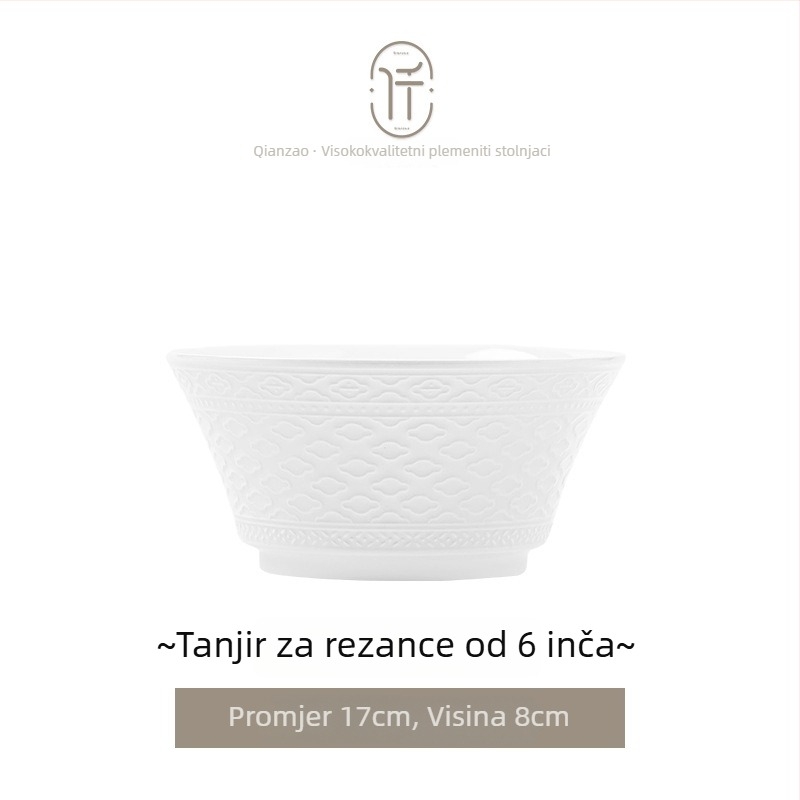 Porcelanski set posuđa — zdjele i tanjuri, okrugli oblik, jednofarbni uzorak s reljefom ispod glazure, lagani luksuzni retro stil, lansiranje proljeće 2024.