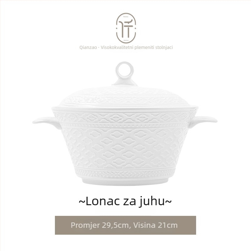 Porcelanski set posuđa — zdjele i tanjuri, okrugli oblik, jednofarbni uzorak s reljefom ispod glazure, lagani luksuzni retro stil, lansiranje proljeće 2024.