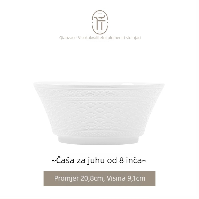 Porcelanski set posuđa — zdjele i tanjuri, okrugli oblik, jednofarbni uzorak s reljefom ispod glazure, lagani luksuzni retro stil, lansiranje proljeće 2024.