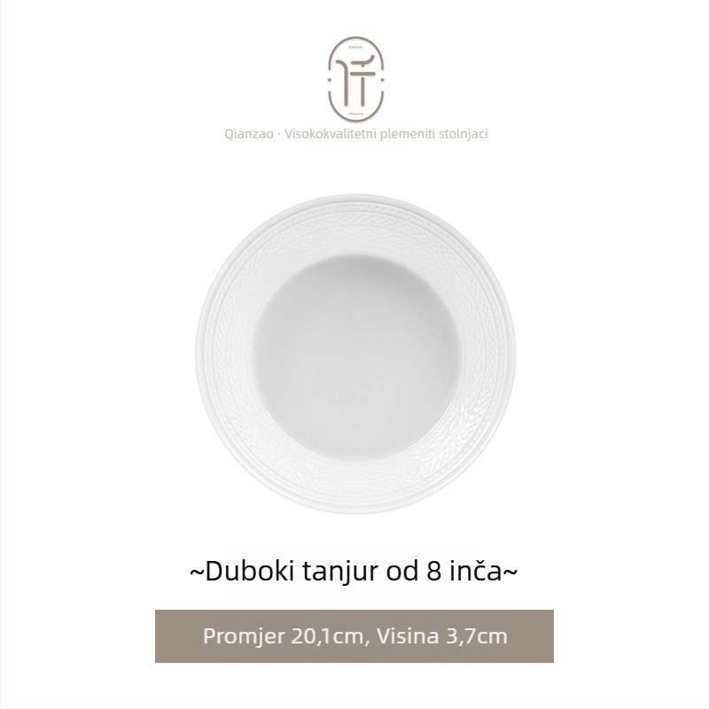 Porcelanski set posuđa — zdjele i tanjuri, okrugli oblik, jednofarbni uzorak s reljefom ispod glazure, lagani luksuzni retro stil, lansiranje proljeće 2024.