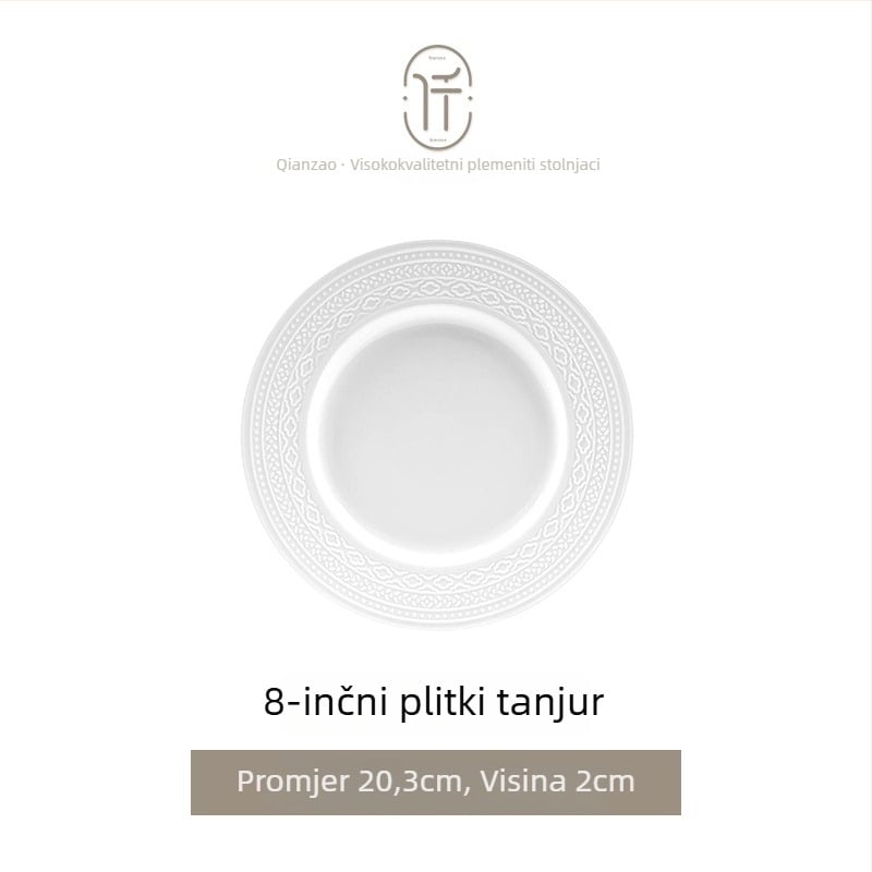 Porcelanski set posuđa — zdjele i tanjuri, okrugli oblik, jednofarbni uzorak s reljefom ispod glazure, lagani luksuzni retro stil, lansiranje proljeće 2024.