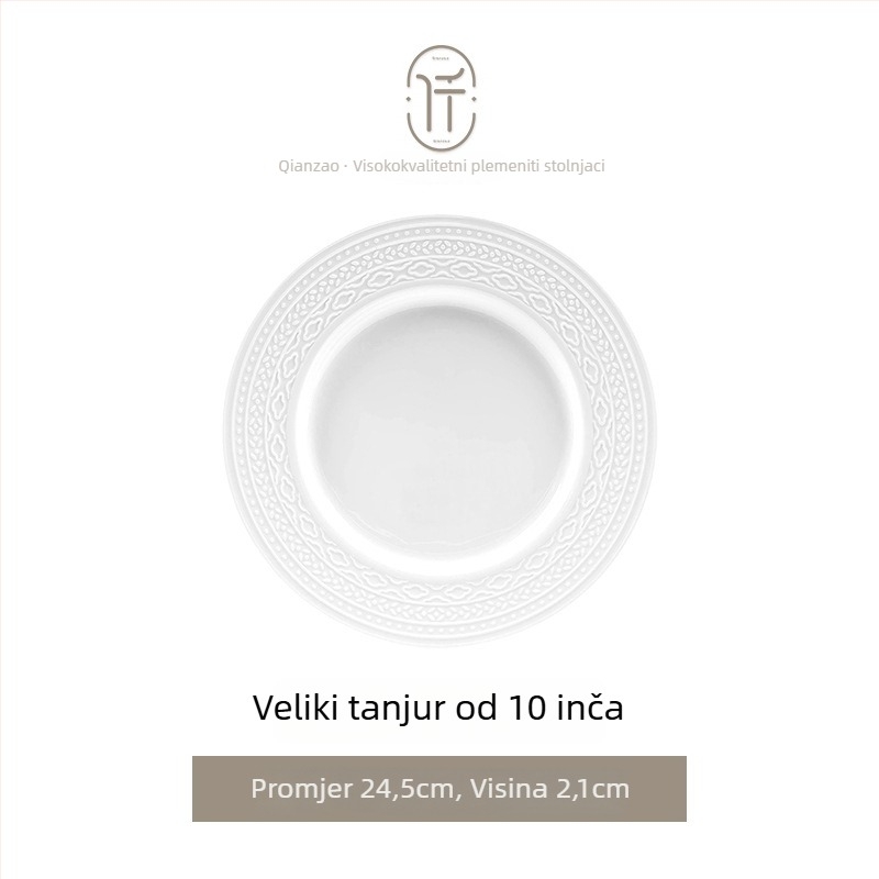 Porcelanski set posuđa — zdjele i tanjuri, okrugli oblik, jednofarbni uzorak s reljefom ispod glazure, lagani luksuzni retro stil, lansiranje proljeće 2024.