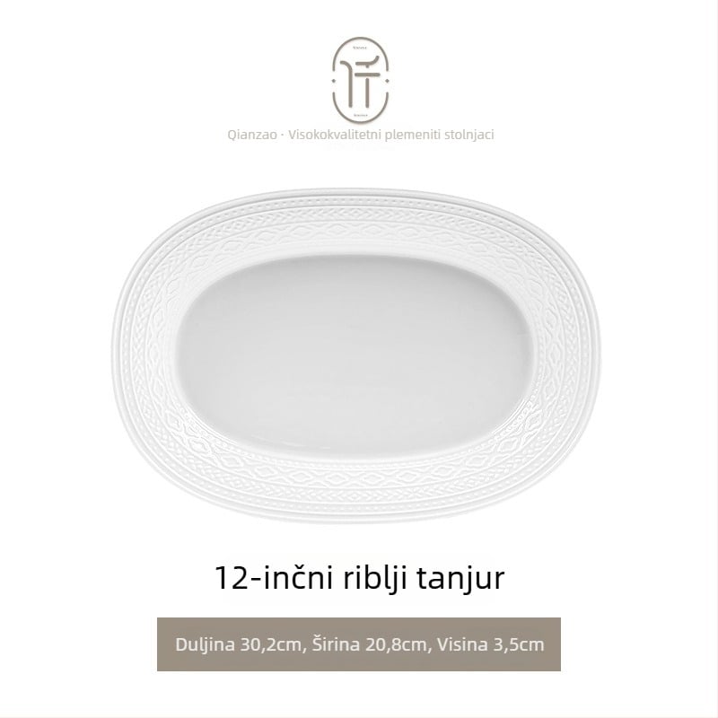 Porcelanski set posuđa — zdjele i tanjuri, okrugli oblik, jednofarbni uzorak s reljefom ispod glazure, lagani luksuzni retro stil, lansiranje proljeće 2024.