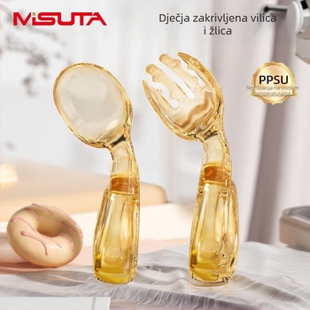 MISUTA Set dječjih pribora – žlica i vilica s zakrivljenom drškom, kratke zakrivljene glave, pribor za samostalno hranjenje s kutijom, PPSU, od 6 mjeseci