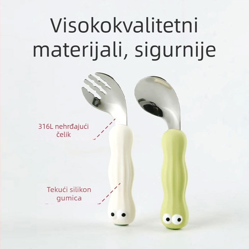 Set žlice i vilice za bebe, 316L nehrđajući čelik, crtani stil, pogodan za bebe starije od 3 mjeseca