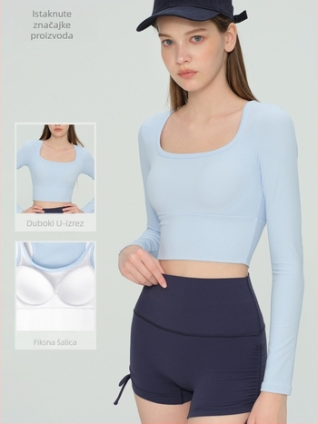Dugi rukav jogina top s fiksnim umetkom za dojke i U-izrezom, NULS tkanina s brzom sušenjem, 80% najlon / 20% spandek