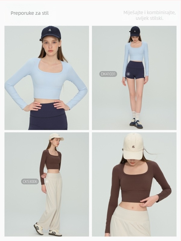 Dugi rukav jogina top s fiksnim umetkom za dojke i U-izrezom, NULS tkanina s brzom sušenjem, 80% najlon / 20% spandek