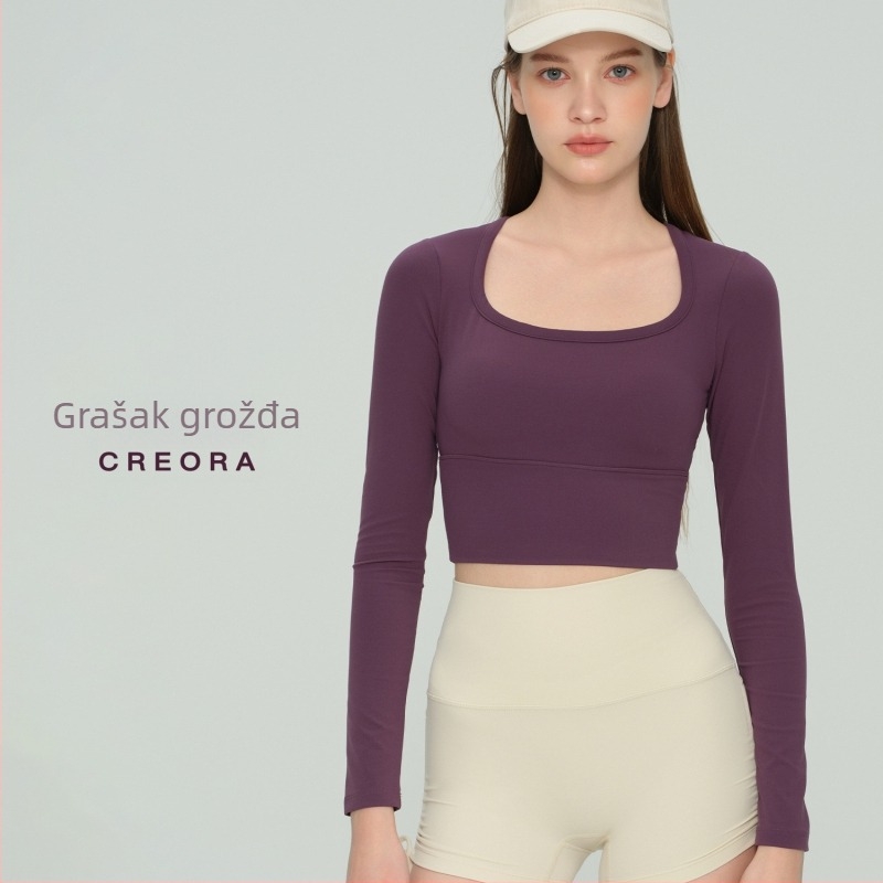 Dugi rukav jogina top s fiksnim umetkom za dojke i U-izrezom, NULS tkanina s brzom sušenjem, 80% najlon / 20% spandek