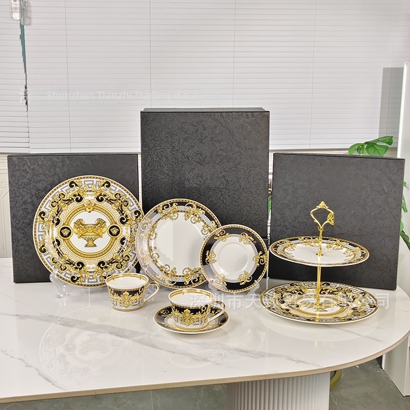 Set posuđa od kostnog porculana, europski stil, lagan luksuz retro, ručna izrada, mogućnost prilagodbe