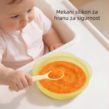 Dječji silikonski tanjur za hranu, okrugli, set posuđa za hranjenje s priborom, prehrambeni silikon, anti-pad s usisnom čašom, sladak crtani dizajn