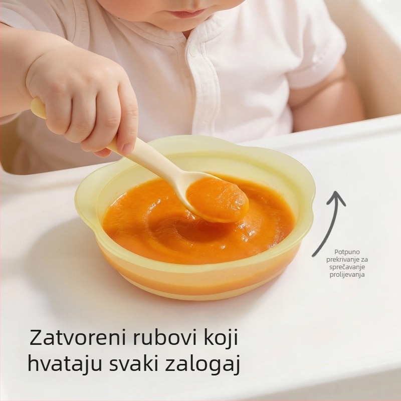 Dječji silikonski tanjur za hranu, okrugli, set posuđa za hranjenje s priborom, prehrambeni silikon, anti-pad s usisnom čašom, sladak crtani dizajn