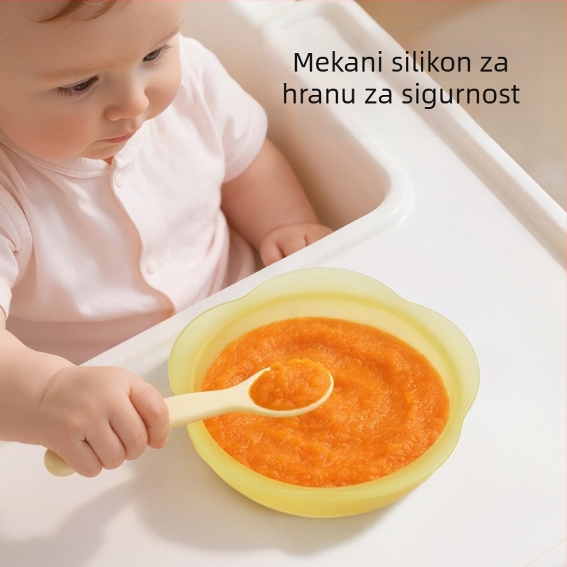 Dječji silikonski tanjur za hranu, okrugli, set posuđa za hranjenje s priborom, prehrambeni silikon, anti-pad s usisnom čašom, sladak crtani dizajn