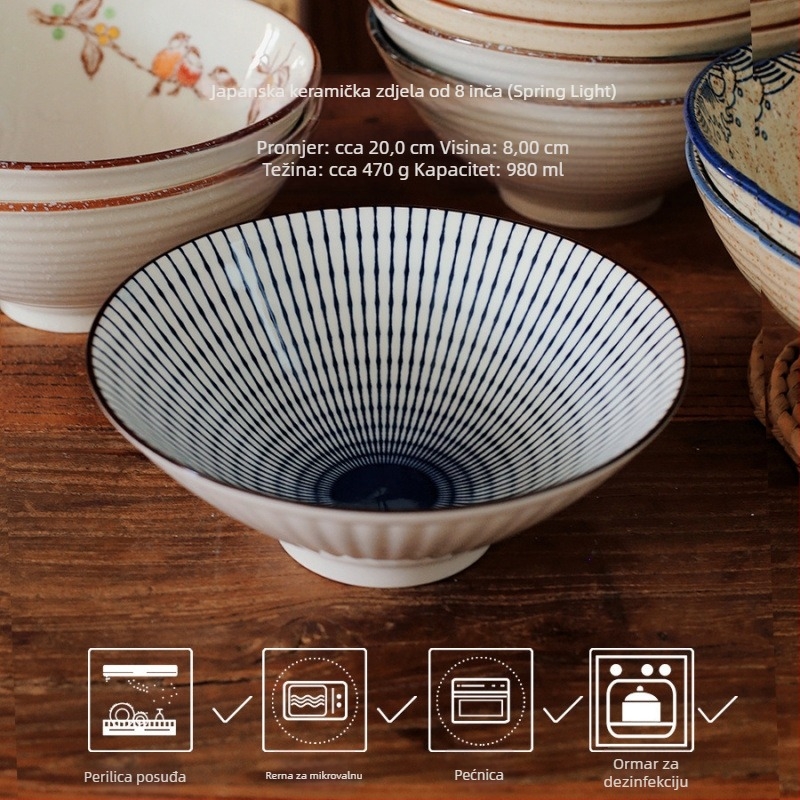 Porcelanska zdjela za ramen, japanskog stila, okrugli oblik, mikrovalna sigurnost, podglazurna završna obloga