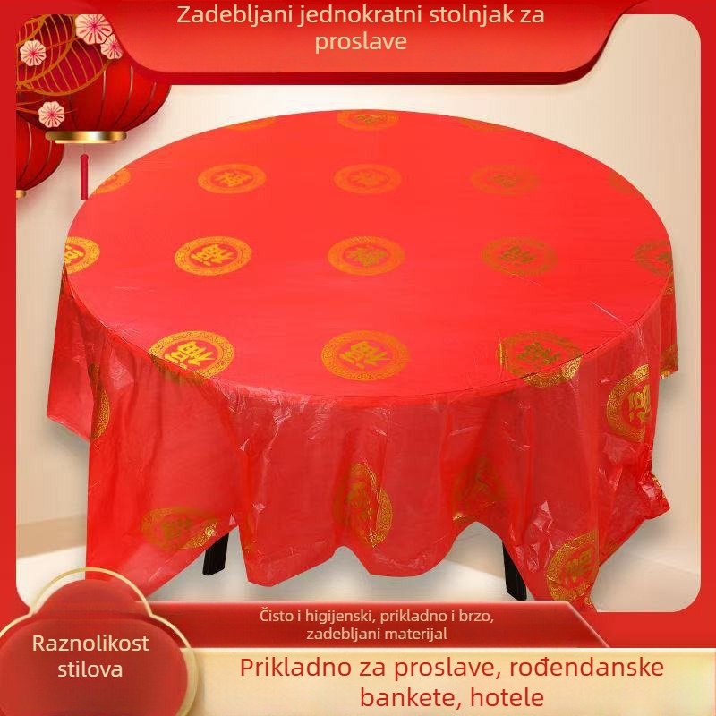 Crveni debeli plastični stolnjak za svadbene bankete, za kvadratne ili okrugle stolove, uzorak zmaj i feniks