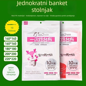 Jednokratni PE stolnjak, kvadratnog oblika, debeli, prilagodljiv proces, pakiranje od 10 komada
