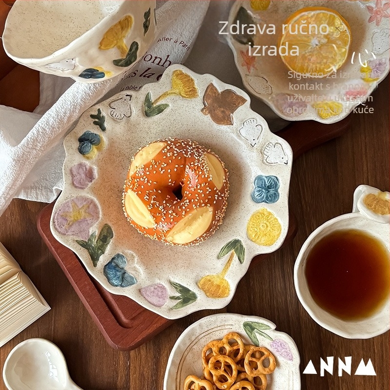 Set posuđa u poklon kutiji, ručno izrađeni keramički set tanjura (desertni tanjur, plod tanjur, večernji tanjur, zdjela za juhu i jogurt zdjela), cvjetni uzorak, keramički materijal, mikrovalna sigurnost, 5-dijelni set, retro stil