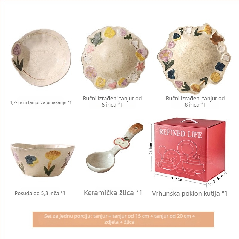Set posuđa u poklon kutiji, ručno izrađeni keramički set tanjura (desertni tanjur, plod tanjur, večernji tanjur, zdjela za juhu i jogurt zdjela), cvjetni uzorak, keramički materijal, mikrovalna sigurnost, 5-dijelni set, retro stil