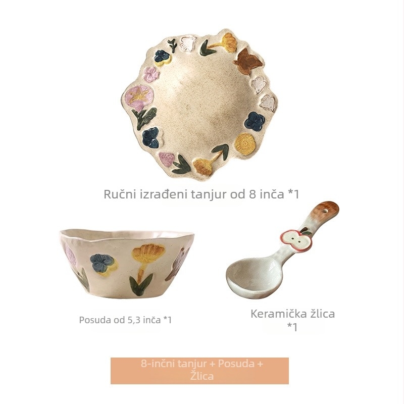 Set posuđa u poklon kutiji, ručno izrađeni keramički set tanjura (desertni tanjur, plod tanjur, večernji tanjur, zdjela za juhu i jogurt zdjela), cvjetni uzorak, keramički materijal, mikrovalna sigurnost, 5-dijelni set, retro stil