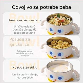 Dojenčja izolirana posuda od nehrđajućeg čelika s usisnom bazom – alat za rižinu kašu, dječji pribor za jelo, za bebe od 6 mjeseci